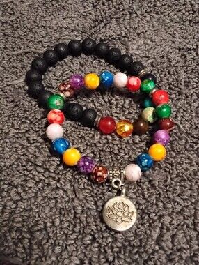 Chakra Set Lava Stone  Beaded Lotus Charm Stretch Bracelets - Women Jewelry